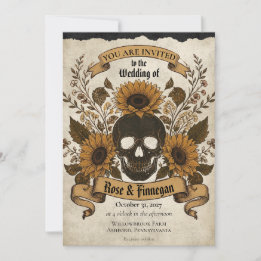 Convite Gótico Girassol Caveira Outono Vintage Halloween