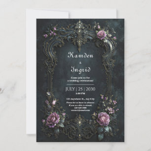 Convite Gótico Ornamentado Rosa Roxa Filigrana Casamento