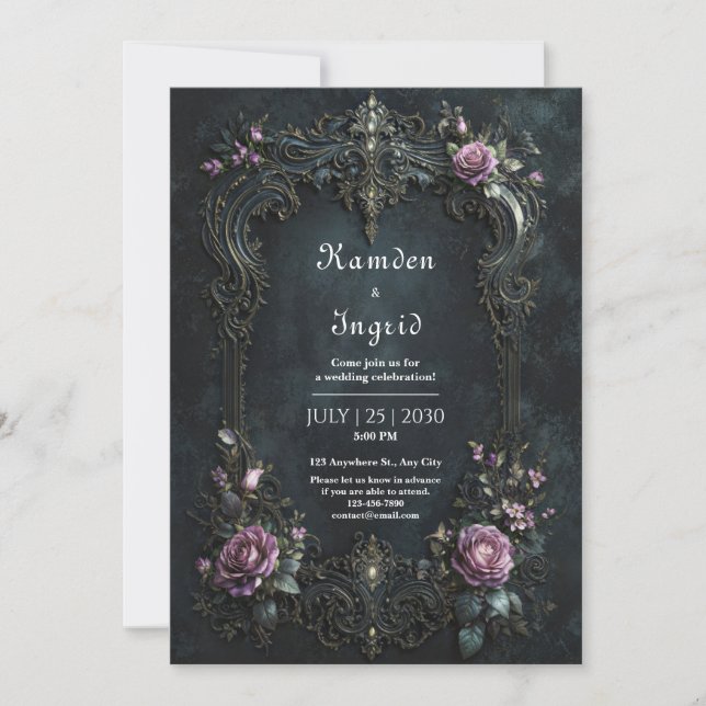 Convite Gótico Ornamentado Rosa Roxa Filigrana Casamento (Frente)