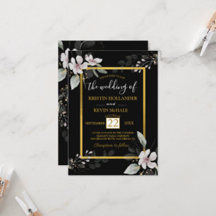 Convite Gótico preto Dourado Dusty Flores brancas aquarel