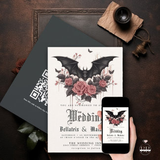 Convite Gótico QR Rosas Rosewood Buquê Black Bat