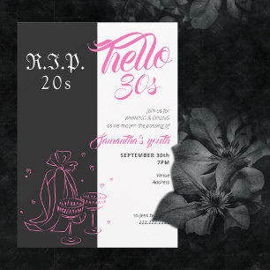 Convite Gótico RIP 20s Olá 30s Aniversário Rosa Preto