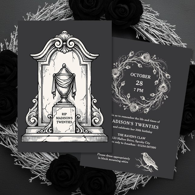 Convite Gótico RIP Meus Vinte Funeral 30º Aniversário (RIP Twenties 30th birthday invitation by Darling & May (printed or digital))