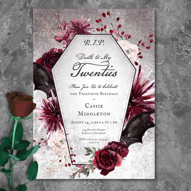Convite Gótico Rústico Morte aos Meus Vinte Anos 30º Anive (Rustic Gothic Death to My Twenties 30th Birthday Invitation)