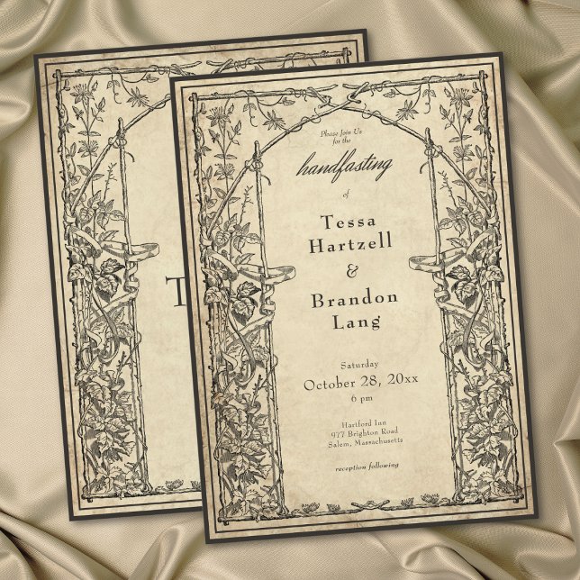 Convite Gótico Vintage Medieval Vinheta Pergaminho Handfas (Vintage Gothic Medieval Vine Parchment Handfasting Invitation)