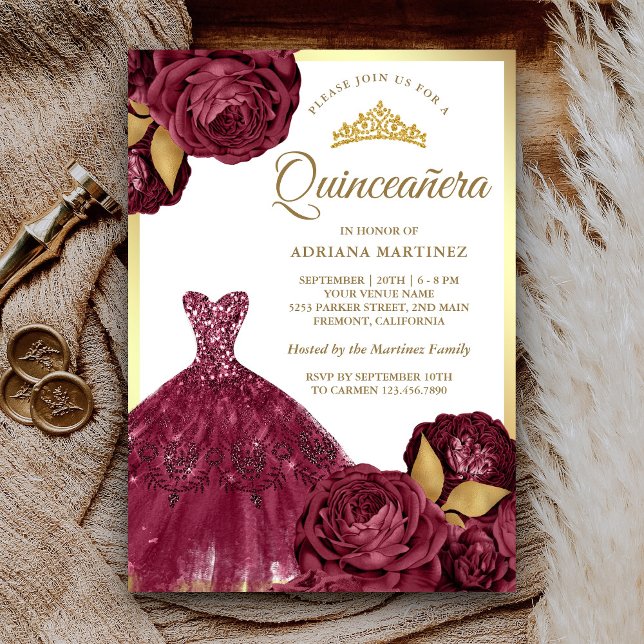 Convite Gown Gurgundy Quinceanera Dourada Floral (Criador carregado)