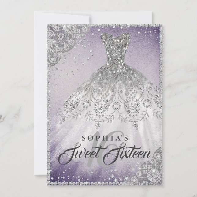 Convite Gown Roxo Diamond Sparkle Doce Dezesseis (Frente)