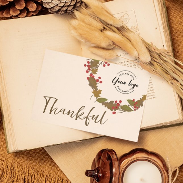 Convite Graças a Deus deixa logo comercial (Thankful company Thanksgiving greeting card with logo)