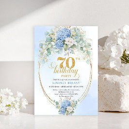 Convite Graceful 70th Birthday Blue Hydrangea Gold Invite
