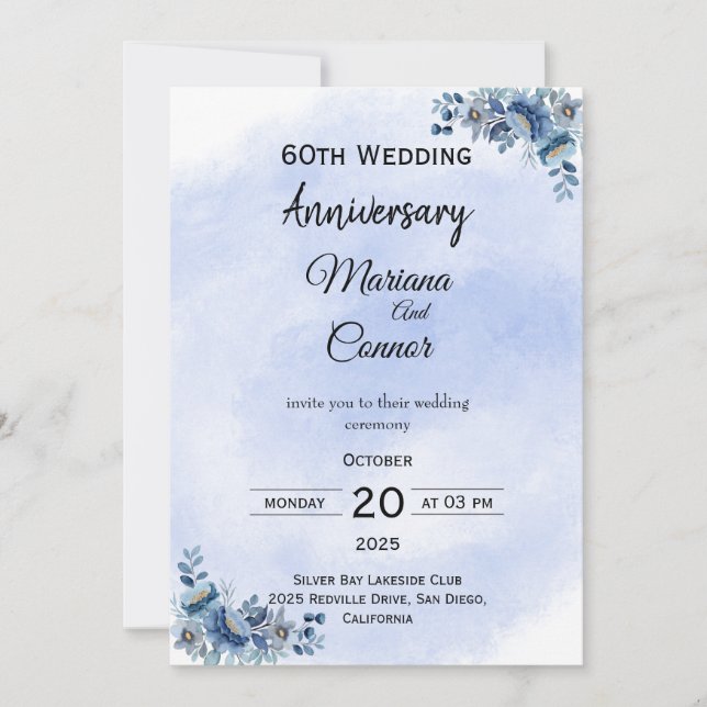 Convite Graceful Blue Floral Wedding Anniversary Invitatio (Frente)