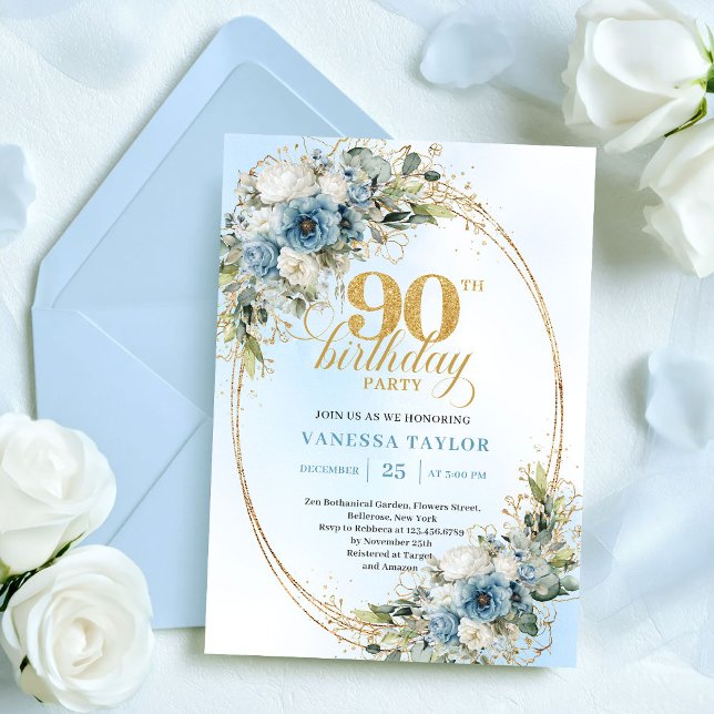 Convite Graceful Bohemian Blue White Floral 90th Birthday (Graceful Bohemian Blue White Floral 90th Birthday)