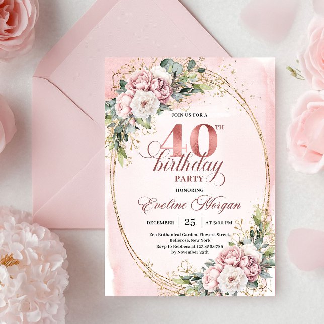 Convite Graceful Bohemian Blush Floral Gold 40th Birthday (Graceful Bohemian Blush Floral 40th Birthday Invitation)