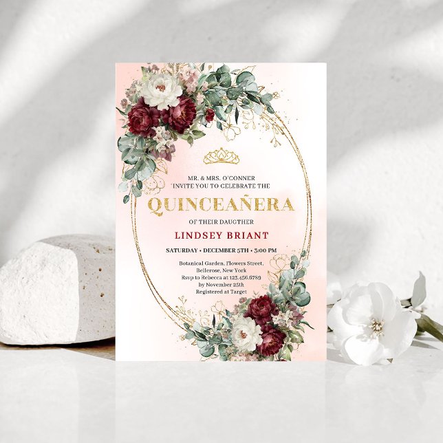 Convite Graceful Bohemian Burgundy Peonies Quince Invite (Graceful Bohemian Burgundy Peonies Quince Invite)