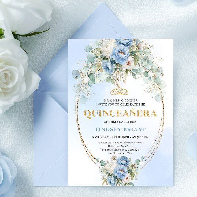 Convite Graceful Boho Blue Peonies Eucalyptus Quinceañera (Graceful Blue Peonies Eucalyptus Quinceañera Invitation)
