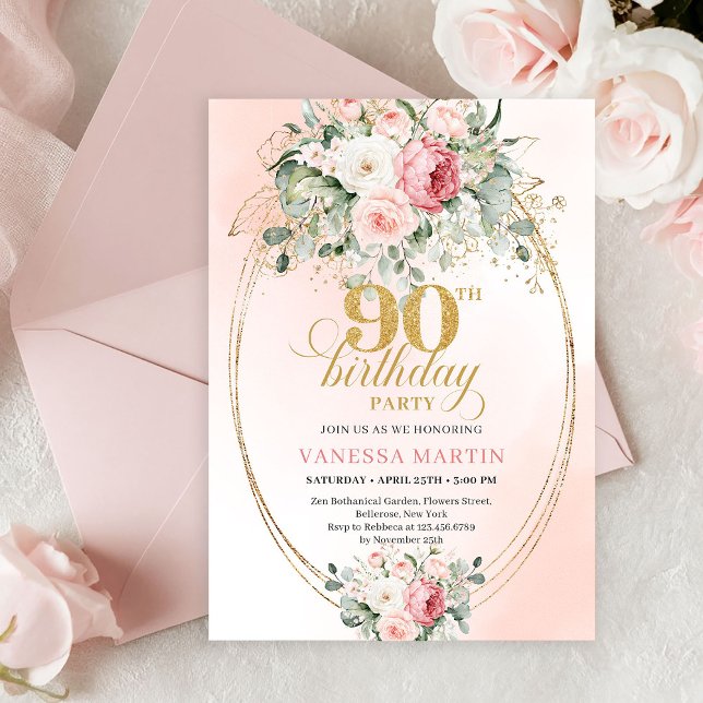Convite Graceful Boho Blush Floral Greenery Gold Birthday (Graceful Boho Blush Floral Greenery Birthday Invitation)