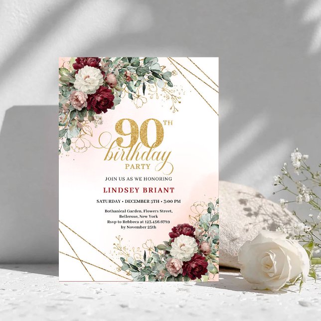 Convite Graceful Boho Burgundy Peonies Gold 90th Birthday (Graceful Burgundy Peonies Gold 90th Birthday Invitation)