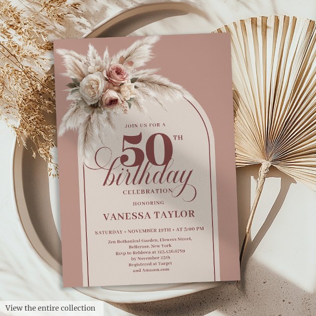 Convite Graceful Boho Dusty Rose Pampas Floral 50 Birthday (Graceful Boho Dusty Rose Pampas Floral 50 Birthday Invitation)