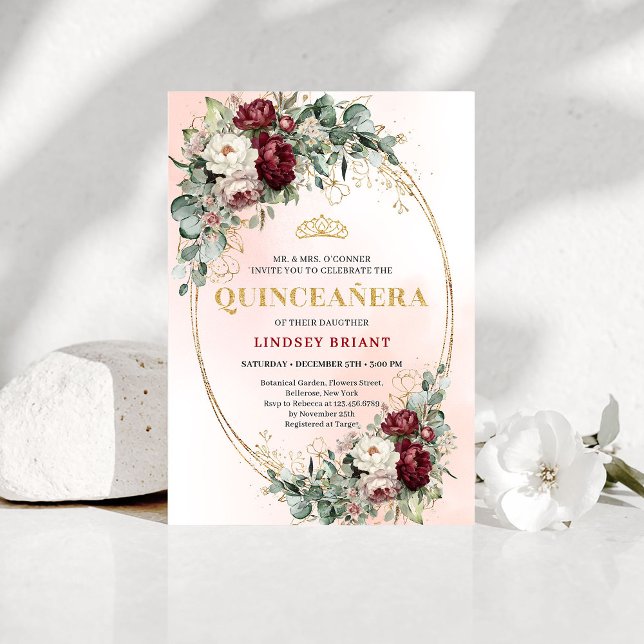 Convite Graceful Burgundy Peonies Eucalyptus Quince Invite (Graceful Burgundy Peonies Eucalyptus Quince Invite)