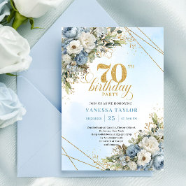 Convite Graceful dusty blue eucalyptus gold 70th birthday 