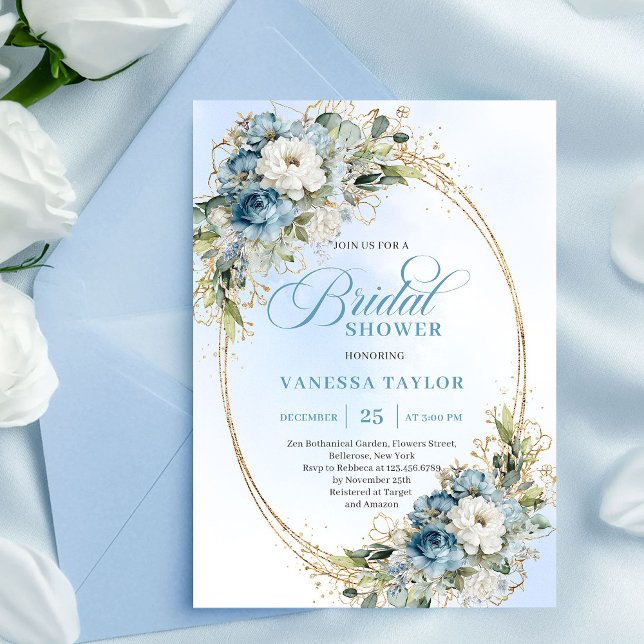 Convite Graceful Dusty Blue Floral Eucalyptus Bridal Showe (Graceful Dusty Blue Floral Eucalyptus Bridal Shower Invite)