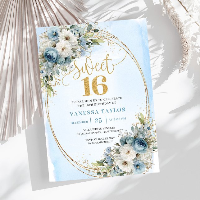 Convite Graceful Dusty Blue Floral Sweet 16th Birthday  (Graceful Dusty Blue Floral Sweet 16th Birthday Invite)