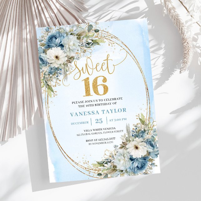 Convite Graceful Dusty Blue Greenery Sweet Sixteen Invite  (Graceful Dusty Blue Greenery Sweet Sixteen Invite Design

)