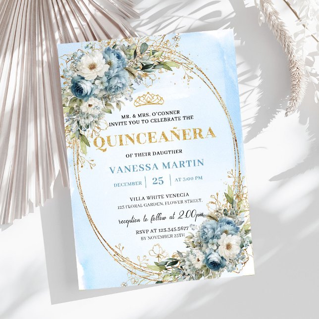 Convite Graceful Pastel Blue Gold Eucalyptus Quinceañera   (Graceful Pastel Blue Gold Eucalyptus Quinceañera Invite

)