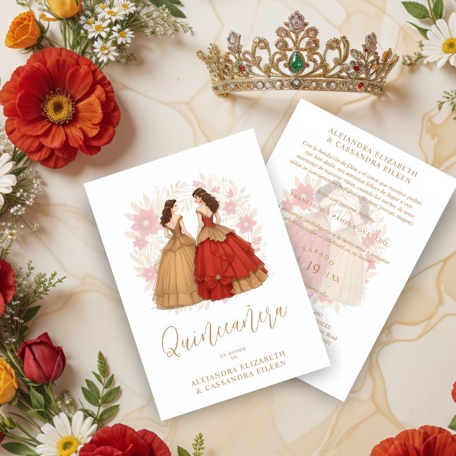 Convite Graceful Romantic Spanish Quinceañera Twins  (Graceful Romantic Spanish Quinceañera Twins Red and Gold Invitations Cards.)