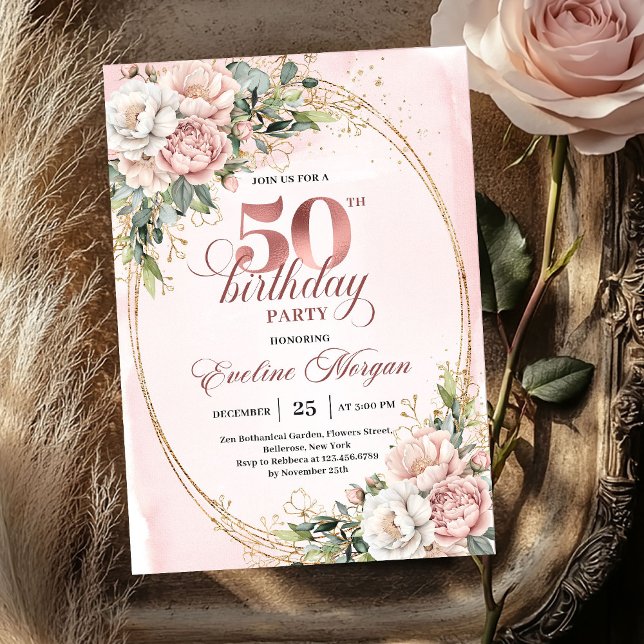 Convite Graceful Rose Gold Floral 50th Birthday Invite (Graceful Rose Gold Floral 50th Birthday Invite)