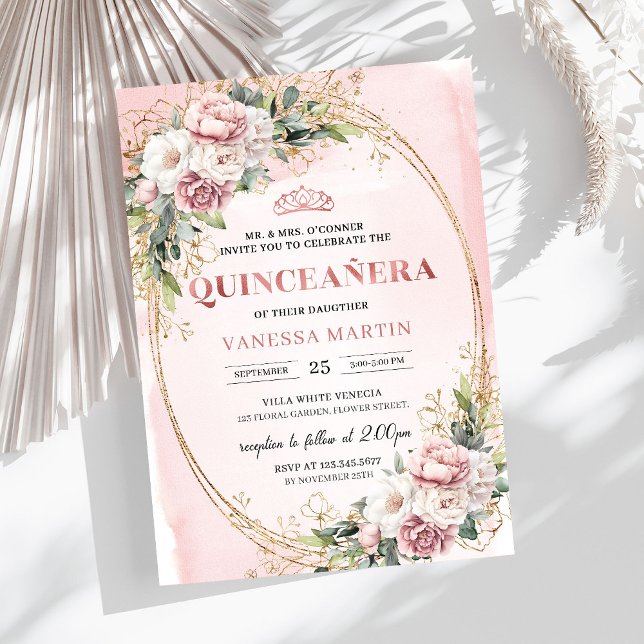 Convite Graceful Rose Gold Floral Greenery Quinceanera  (Graceful Rose Gold Floral Greenery Quinceañera Invitation

)