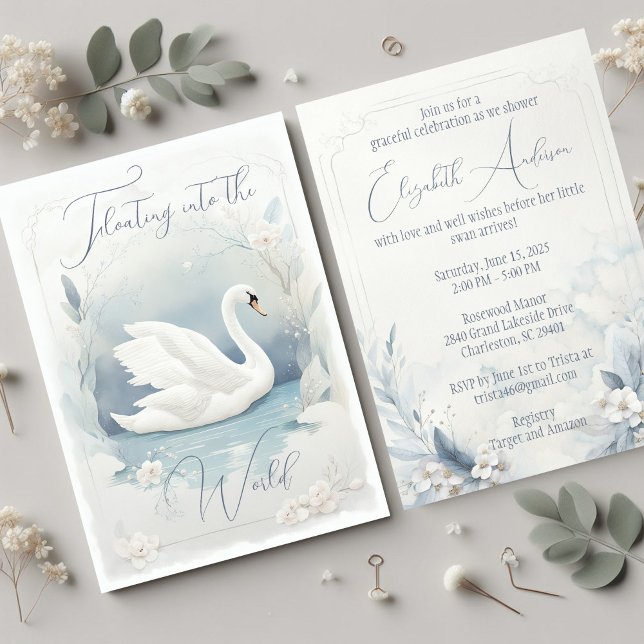 Convite Graceful Swan (The front and back of a soft watercolor swan baby shower invitation in pale blue and gray. )
