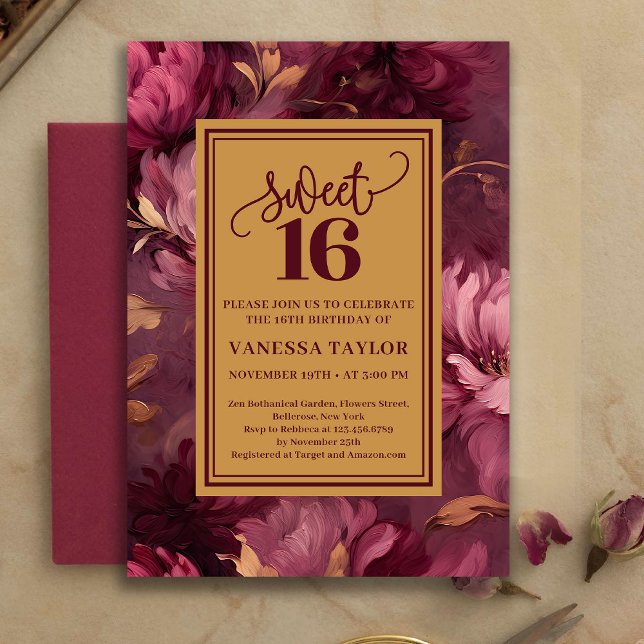 Convite Graceful Sweet 16 Merlot Blush Gold Invitation (Graceful Sweet 16 Merlot Blush Gold Invitation)