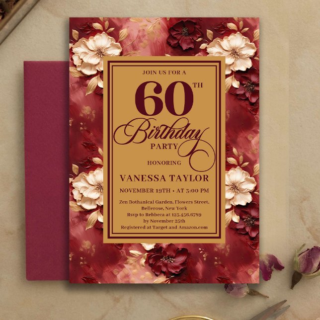 Convite Gracioso de 60 Anos de Idade Merlot Blush  (Graceful 60th Birthday Merlot Blush Gold Invitation)