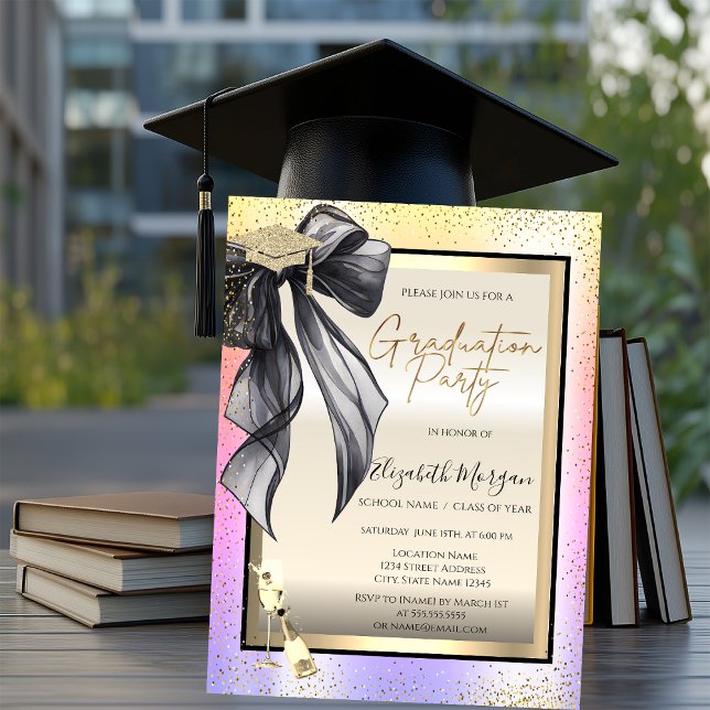 Convite Grad Cap,Black Bow Wine Glass,Confetti Ombre  (Criador carregado)