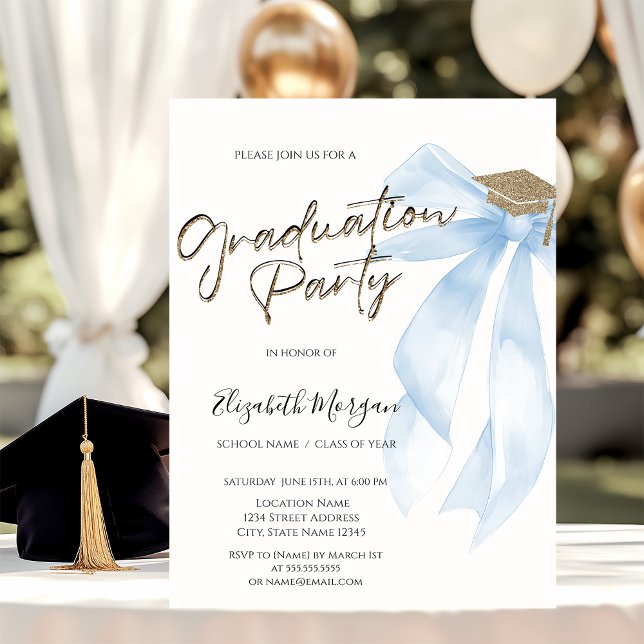 Convite Grad Cap Blue Bow Your Photo Graduation  (Criador carregado)