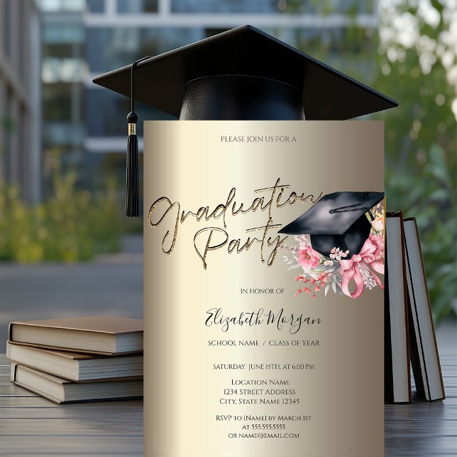 Convite Grad Cap Flowers Bow Your Photo Gold Graduation (Criador carregado)