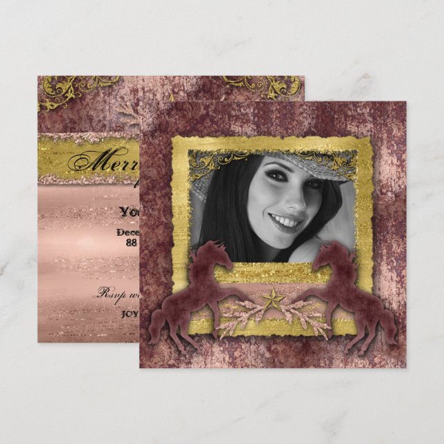 Convite Grad Rose Gold Cavalo Vintage Western (Frente/Verso)