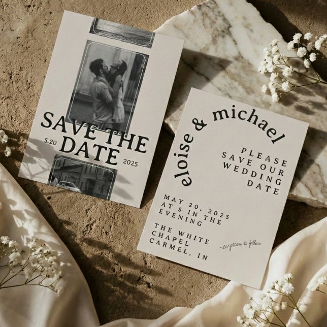 Convite Grade de Fotografias Moderna com Gravação em Negri (Modern Save the Date Card featuring a striking photo grid layout and bold serif typography.)