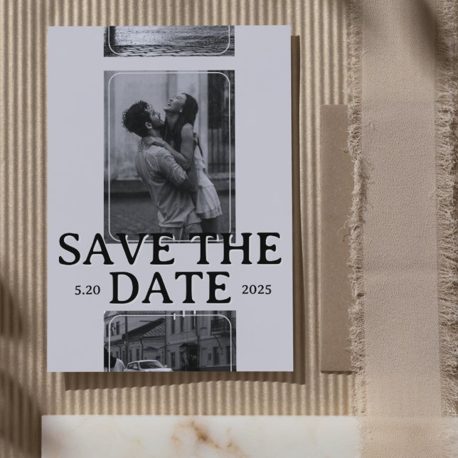 Convite Grade de Fotografias Moderna com Gravação em Negri ( Modern Save the Date Card featuring a striking photo grid layout and bold serif typography.)