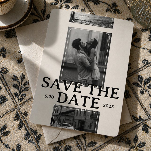 Convite Grade de Fotos Moderna com Fonte Serif Negrito Sal (Modern Photo Grid with Bold Serif Save the Date Invitation)