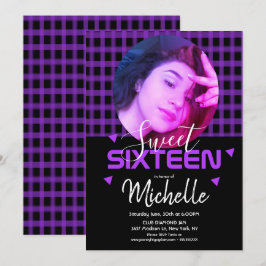 Convite Grade De Fotos Neon Roxo Sweet Sixteen