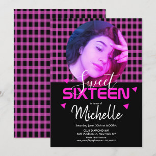 Convite Grade Doce Rosa Neon Foto Grid