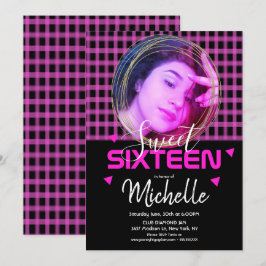 Convite Grade Seis Anel Dourado Rosa Neon Foto Grid