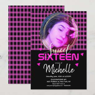 Convite Grade Seis Anel Dourado Rosa Neon Foto Grid