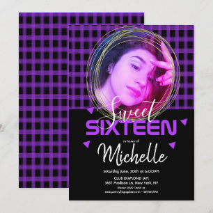 Convite Grade Seis Anel Dourado Roxo Neon Foto Grid
