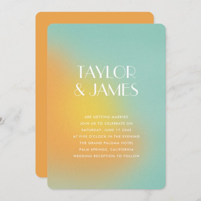 Convite Gradient Orange Turquoise QR Code Modern Wedding (Frente/Verso)