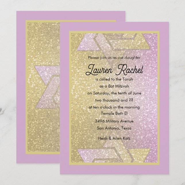 Convite Gradiente Brilhante de Moratona Bat Mitzvah Rosa D (Frente/Verso)