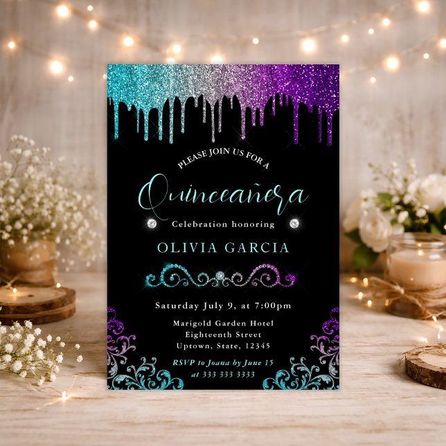Convite Gradiente de Arco-Íris Glam Glitter Quinceanera (Criador carregado)