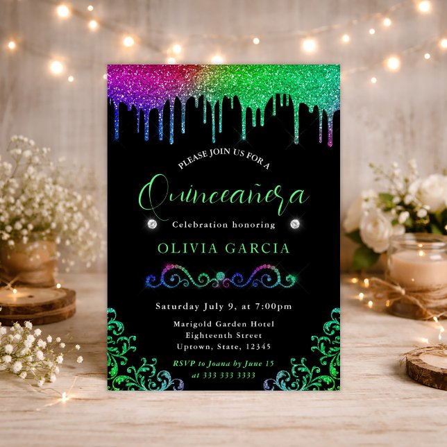 Convite Gradiente de Arco-Íris Glam Glitter Quinceanera (Criador carregado)