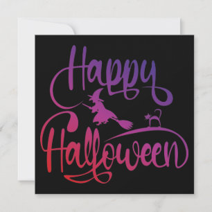 Convite Gradiente de Feliz Halloween bruxa voadora gato 